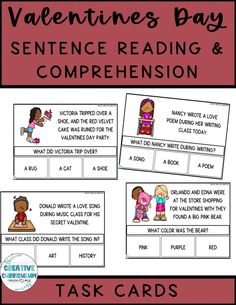 valentine's day sentence reading and comprehension task cards for students to practice