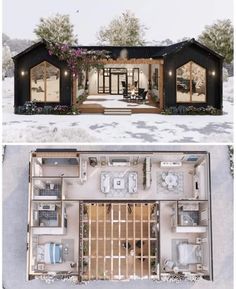 two pictures showing the inside and outside of a house with an open floor plan in it