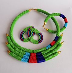 African bead necklace, Zulu African necklace, Necklace with matching bangles and earrings, DHL Ship by TribalTess on Etsy https://www.etsy.com/listing/615717793/african-bead-necklace-zulu-african Zulu Beads, Diy Earrings Studs, Zulu Necklace, African Bangles, Green Bead Necklace, African Beaded Bracelets, Spiral Jewelry, African Beads Necklace, Wholesale Earrings