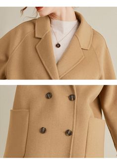 Stay warm and stylish in our women's double-breasted wool coat. Made with 100% premium double-face wool, this short coat is both cozy and chic. No lining allows for a lightweight feel while still providing ample warmth. Upgrade your winter wardrobe with this must-have piece. Notched lapels Double-breasted button closure Front patch pockets 100% virgin wool Unlined Dry clean Item #492581 Size info XS=US2=UK6=EU32 S=US4-6=UK8-10=EU34-36 M=US8-10=UK12-14=EU38-40 ★★ It would be helpful if you provided your height and weight so that I could assist you in choosing the appropriate size. Beige Long Sleeve Wool Coat With Double-breasted Buttons, Solid Wool Coat With Double-breasted Button For Fall, Solid Double-breasted Wool Coat For Fall, Beige Double-breasted Wool Coat With Buttons, Chic Double-breasted Wool Coat For Cold Weather, Chic Double-breasted Pea Coat For Cold Weather, Elegant Double-breasted Pea Coat For Cold Weather, Double-breasted Wool Coat With Pockets, Beige Wool Coat With Double Button Closure For Winter