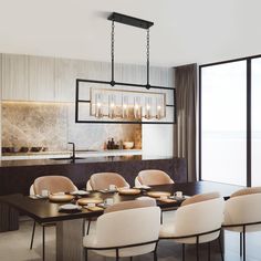 a dining room table with chairs and plates on it