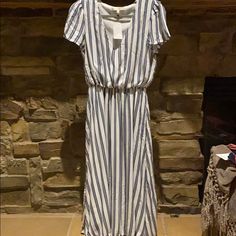 Tea Length Dress With Navy Stripe. Gather Mid-Waist. Built In White Slip Casual Spring Dresses With Banded Waist, Casual Spring Dress With Banded Waist, Casual Dress With Banded Waist For Spring, Casual Maxi Dress With Fitted Waist For Spring, Casual Spring Maxi Dress With Fitted Waist, Casual Short Sleeve Lined Maxi Dress, Ulla Johnson Dress, Tea Length Dress, Wrap Front Dress