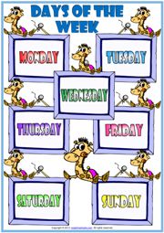 the days of the week poster with animals on them and words in different colors, including numbers