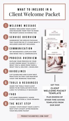 a white and pink flyer with the words, what to include in a client welcome packet