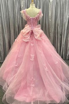 Quinceanera Dress Pink Tulle 3D Floral Lace Bow-Back Ball Gown with Flutter Sleeves Quinceanera Dress Pink, Prom Dresses Long Pink, Quinceanera Dresses Pink, Prom Dresses Long Lace, Tulle Sleeves, Lace Prom Dress, Prom Dresses For Sale, Quinceanera Dress, Tulle Ball Gown