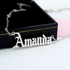 Our Old English Style Name Necklace makes a bold, beautiful statement, thanks to Beautifully detailed lettering in Latin Old English Script, choose any name or word to celebrate yourself or someone you love. Unique, unexpected style that makes this necklace an absolute standout.Can be personalized with a name of up to 10 letters. Old English Script, Old English Style, Old English Names, Monogrammed Cufflinks, Celebrate Yourself, Leather Kits, Name Necklace Silver, English Name, Swarovski Heart