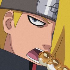 an anime character with his mouth open eating donuts