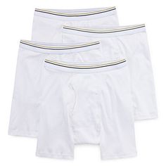 Our boxer briefs give you the support and comfort to make it through the day featuring a double fabric fly, a longer leg that will not ride up under clothing and a lower rise that fits at the natural waist.# Pieces In Set: 4-PackFeatures: Tag Free, Comfort Waistband, Preshrunk, Fly Front, Multi-PackFiber Content: 100% CottonFabric Description: RibCare: Tumble Dry, Machine WashCountry of Origin: Imported Casual White Boxer Briefs Multi-pack, White Stretch Multi-pack Boxer Briefs, White Multi-pack Boxer Briefs For Sports, White Sporty Multi-pack Bottoms, Sporty White Boxer Briefs For Sports, Mens Compression, Lingerie For Men, Mens Boxers, Make It Through