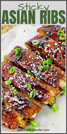 This Sticky Asian Pork Ribs recipe is baked in the oven to melt-in-your-mouth, sticky, sweet, crispy, spicy perfection. #savorwithjennifer #chineseribs #baked #babybackribs Sticky Asian Pork, Asian Pork Ribs, Sticky Asian Ribs, Pork Rib Marinade, Asian Ribs, Sticky Pork Ribs, Baked Pork Ribs, Pork Ribs Recipe, Boneless Pork Ribs