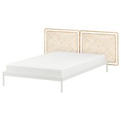 the bed frame is made from metal and has a white mattress cover on top of it