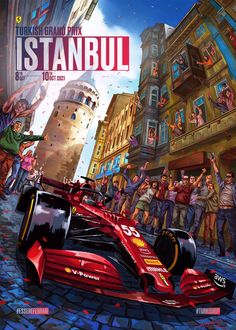 a red race car driving down a street next to tall buildings with people standing around it