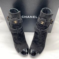 Chanel Black Suede Ankle Boots With Gold Accents - New Toes Are Patent Leather. Boots Are Size Eu 37 (6.5 Us) Four Inch Heel. Boots Have Never Been Worn. Comes With Box And Chanel Dust Bags. Item Is Backed By Poshmark’s Authenticity Guarantee. All Items Come From A Pet Free And Smoke Free Home. Item Will Be Shipped For Authentication Within One Day Of Purchase. Shoes Chanel, Patent Leather Boots, Black Suede Ankle Boots, Shoes Collection, Chanel Black, Dream Shoes, Heel Boots, Suede Ankle Boots, Chanel Shoes