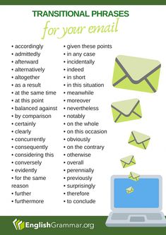 an email list with the words, transitional phrases for your email and envelopes