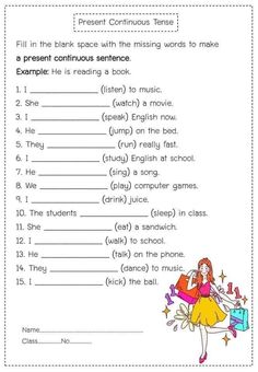 the present continuous tense worksheet for students to learn english with pictures on it