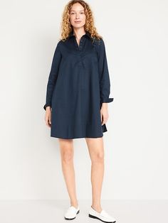 Loose Mini Shirt Dress | Old Navy Dress And Sneakers Outfit, Navy Shirt Dress, Tight Sweater, Shirt Dress Outfit, Feminine Blouses, Dress Shirt Sleeves, Mini Shirt Dress, Loose Dress, Petite Dresses