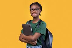 School Laptop Background, Posing Standing, Computer Student, Yellow Studio, Stock Photos People, Student Images, Travel Flyer, Student Picture, People Images