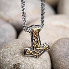 Stainless Steel Dual Color Thor's Hammer Knotwork Necklace | Norse Spirit Viking Style Handmade Gold Jewelry, Handmade Viking Gold Jewelry, Handmade Viking Style Gold Jewelry, Durable Viking Style Jewelry Gift, Gold Viking Style Necklace For Gift, Hammer Necklace, Thor's Hammer Necklace, Hammered Necklace, Vikings Gifts