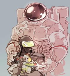 a drawing of an astronaut holding a baby in his lap and looking at the camera