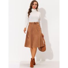 Bring a classic fall vibe to smart casual ensembles with this beautifully a-line belted skirt. Updating your wardrobe with this faux suede pocket skirt which features an A-line silhouette for a universal body shape. Merging feminine and modern styles, this skirt is made of stretchy faux suede, which is comfortable and chic for the fall/winter season. Matching timeless knitwear, a blouse, and retro leather boots or high heels for a smart feminine impression. Midi Skirt With Belt, Aline Midi Skirt, Timeless Knitwear, Midi Skirt Casual, Faux Leather Midi Skirt, Belted Skirt, Midi Skirt With Pockets, Pocket Skirt, Skirt With Belt