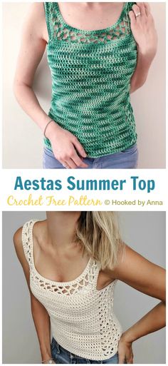 a woman wearing a crochet top with the words aestas summer top on it