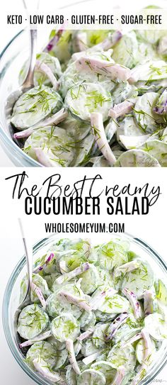 the best vegan cucumber salad is in a glass bowl