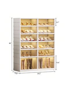 the shoe rack is white and has several rows of shoes on it, with measurements for each shelf