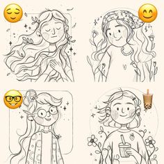 four different drawings of people with smiley faces