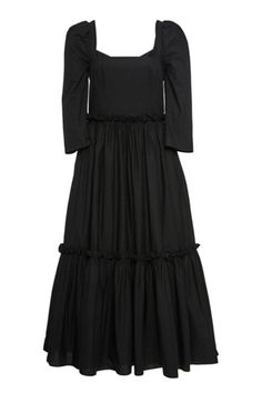 The Blue Hill Dress in timeless black cotton poplin features a romantic silhouette and flattering square neckline. Perfect for cocktails parties but can easily transition with an accessories swap. Cut for a slim fit, square neck, three-quarter puff sleeves, ruffle-detailed waist and hem, partially lined, pockets. Smocked bodice. Concealed zip fastening along back. Black Smock Dress, Cotton Frock, Summer Cocktail Party, Blue Hill, Oversized Dress, Smock Dress, Cotton Poplin, Moda Operandi, Black Cotton