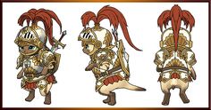 some character designs for the game, including an animal and two men in armor with red hair