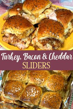 turkey, bacon and cheddar sliders on a yellow plate with foil wrappers