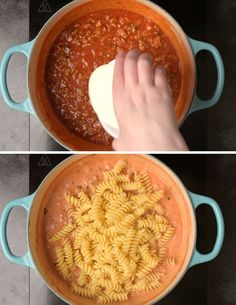 two pictures showing how to make pasta and sauce in one pot, then using a spatula