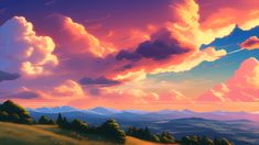 the sky is filled with pink clouds and green trees, as well as mountains in the distance