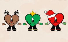 three heart - shaped cartoon characters wearing christmas hats