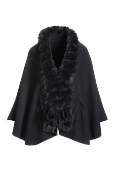 Luxurious warmth meets effortless elegance. Wrap yourself in our cozy faux-fur poncho sweater and cinch it with a chic tie-waist detail. This piece is a showstopping layer atop any outfit. Chic Black Fur Coat With Feather Trim, Elegant Fur Cape Coat For Fall, Elegant Faux Fur Cape Outerwear, Elegant Faux Fur Winter Cape, Elegant Faux Fur Cape For Fall, Elegant Fall Cape For Cold Weather, Faux Fur Trim Cape For Cold Weather In Fall, Winter Faux Fur Poncho With Trim, Fall Cape With Faux Fur Trim For Cold Weather