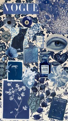 an artistic collage with blue and white items