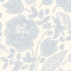 a blue and white wallpaper with flowers on it