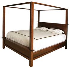 a wooden bed frame with white sheets and pillows on top of it, against a white background