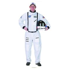 a man in white space suit holding a helmet