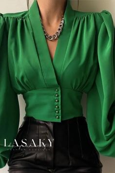 Lasaky - Mandarin Collar Lantern Sleeve Shirt with Button-Down Design Lantern Sleeve Top, Green Long Sleeve Shirt, Lantern Sleeved Blouses, Office Wear Women, Fashion Office, Retro Mode, Vestidos Vintage, Puff Sleeve Blouse, Green Blouse