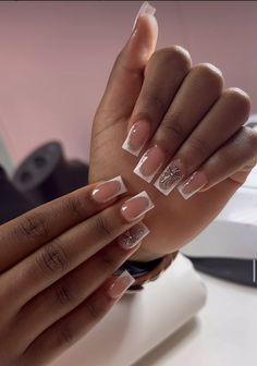 White French Tips With Chrome, White French Tip Nails Square, Gel Nails Diy, Fall Acrylic Nails, French Acrylic Nails, Colored Acrylic Nails, Gem Nails, Short Square Acrylic Nails