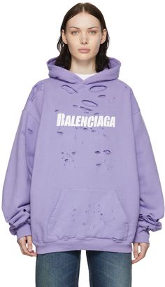 Cotton fleece hoodie. Distressing throughout. · Dropped shoulders · Textured logo printed at front · Kangaroo pocket · Rib knit cuffs and hem Supplier color: Light purple/White | Balenciaga Purple Cotton Hoodie Urban Luxury Fashion, Balenciaga Cap, Balenciaga Sweater, Layered Hoodie, Balenciaga Clothing, Hoodie Purple, Purple Hoodie, Balenciaga Mens, Cotton Hoodie