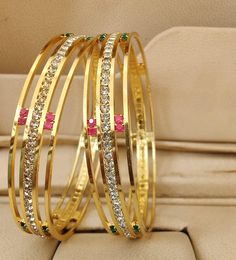 Gold Plated Crystal Bangle Set with Pink and Green Stones| Elegant Lightweight Bangles for Weddings| Indian Fashion Jewelry| Gift for her Indian Fashion Jewellery, American Diamond Necklaces, Oxidized Necklace, Bracelets Design, Bangle Ring, Bangle Bracelet Set, Green Stones, Crystal Bangle, Bangle Designs