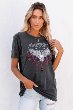 Freedom Eagle Distressed Tee Trendy Distressed Gray Tops, Trendy Gray Distressed Tops, Gray Distressed Tops For Summer, Summer Gray Distressed Tops, Casual Distressed Gray Tops, Edgy Gray Tops With Letter Print, Spring Graphic Tee With Distressed Details, Edgy Gray Tops For Summer, Edgy Gray Summer Tops