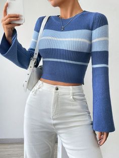 Women's Color Block Long Sleeve Cropped Sweater Multicolor Casual  Long Sleeve Knitwear Colorblock,Striped Pullovers Slight Stretch  Women Clothing, size features are:Bust: ,Length: ,Sleeve Length: Pull Over Sweaters Women, Cute Chunky Sweaters, Cute Crop Sweaters, Cute Cropped Sweaters, Trendy Long Sleeve Tops, Cute Sweaters For Women, Blue Casual Outfits, Top Manga Larga, Cute Winter Sweaters