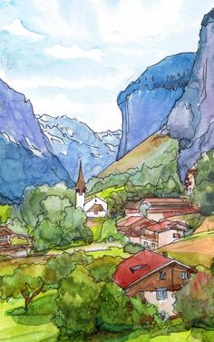 a painting of a village in the mountains