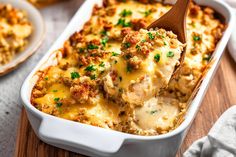 a casserole dish filled with meat and cheese