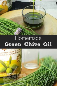 homemade green chive oil is being poured into a glass bowl