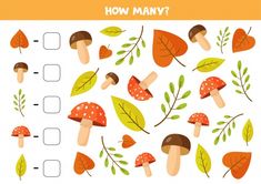 the matching puzzle game with mushrooms and leaves for children to learn how many things are in the