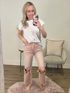 Vervet Blush 90's Crop Flare Jeans Blush pink Zip up Distressed Super soft Skinny fit No stretch 100% Cotton Imported Sizing: 0/24, 1/25, 3/26, 5/27, 7/28, 9/29, 11/30, 13/31, 15/32 Adrienne is a size 4 and is wearing a size 1 (can wear a size 3 for more wiggle room) Snug fit for Vervet Skinny Fit - size up if you are between sizes or prefer more room Need more sizing help? Check out our Jeans Sizing Guide here Measurements:11" rise (high rise)25.5" inseam (size 1) 0/24: Waist: 13" 1/25: Waist: Crop Flare Jeans, Crop Flare, Twenty Two, Cropped Flare Jeans, Cropped Flares, Henley Top, Go Shopping, Flare Jeans, Snug Fit