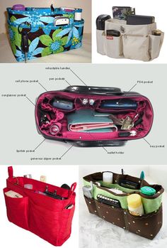 several different types of purses and bags with their contents labeled in the bottom right corner